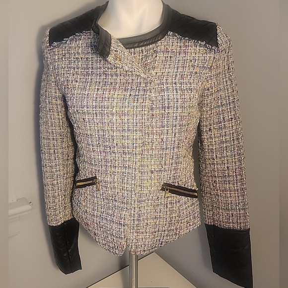 Collection By Bernardo Womens Tweed & Faux Leather Blazer Jacket Size S - Picture 1 of 7